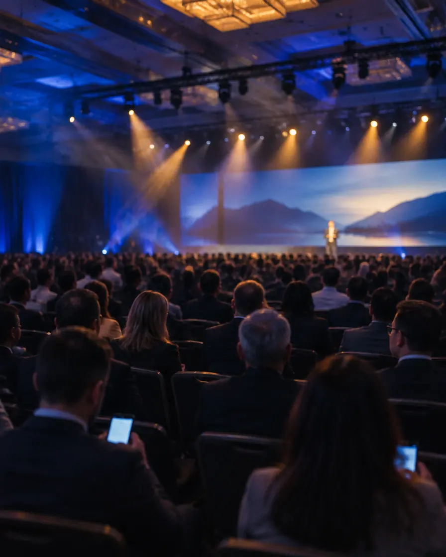 Salão lotado de frente para o palco em uma convenção de revendedores