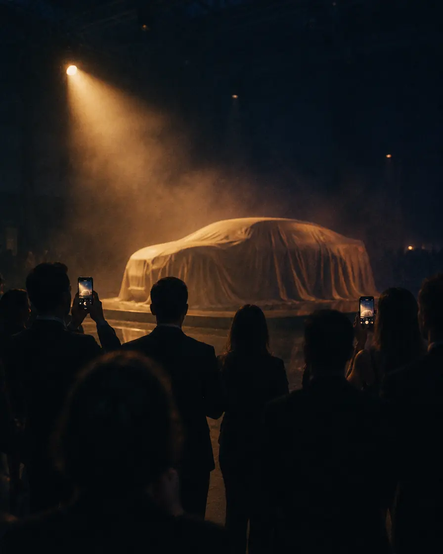 Palco de lançamento com um carro coberto esperando sob um holofote
