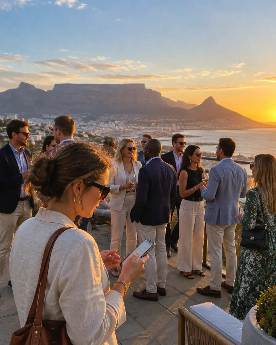 Equipe conversando em um terraço ao pôr do sol na Cidade do Cabo